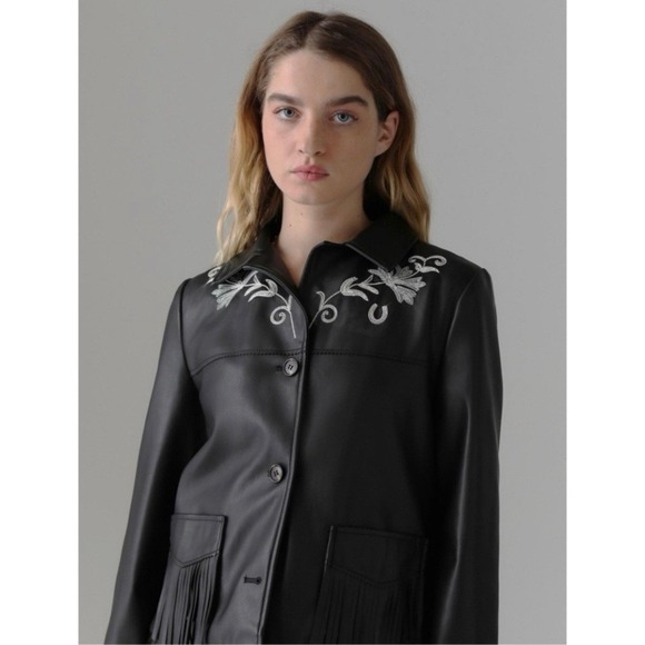 Urban Outfitters Black Leather Jacket with‎ Fringe and Embroidery - Picture 2 of 14